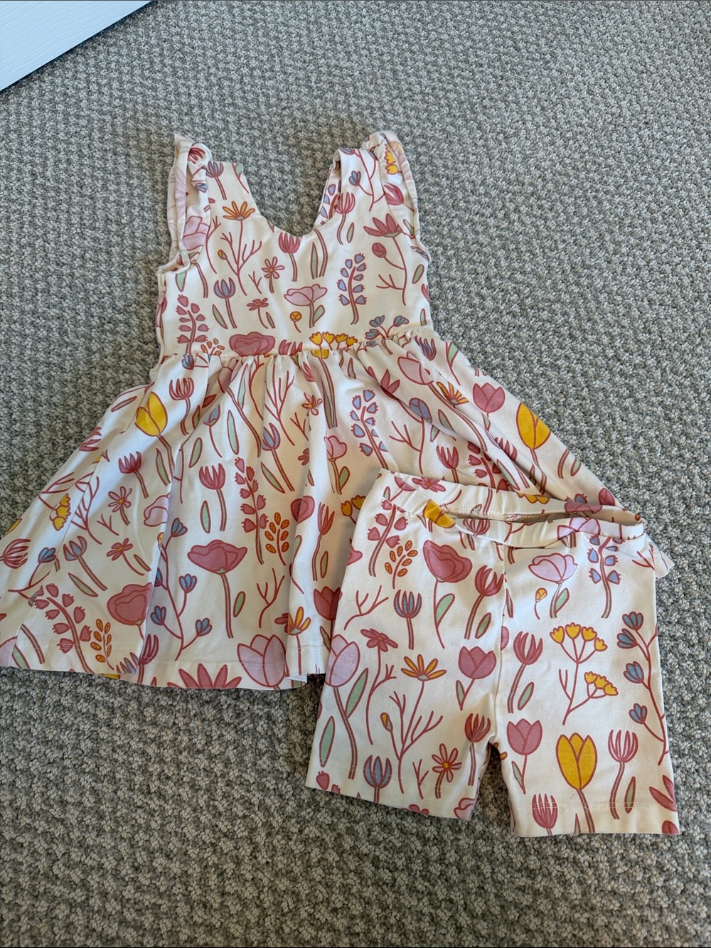 Girls Floral Tank Dress and Shorts Set in Cream with Pink & Yellow Flowers